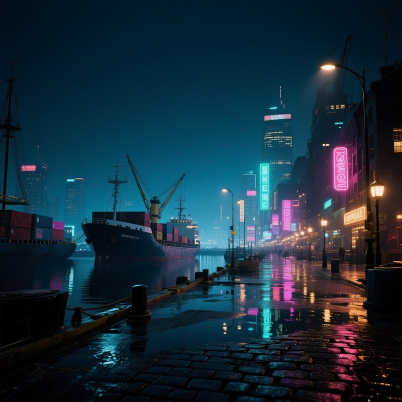A Bustling Port City At Night Illuminated By Neon Signs And Streetlights, Reflections Dancing On