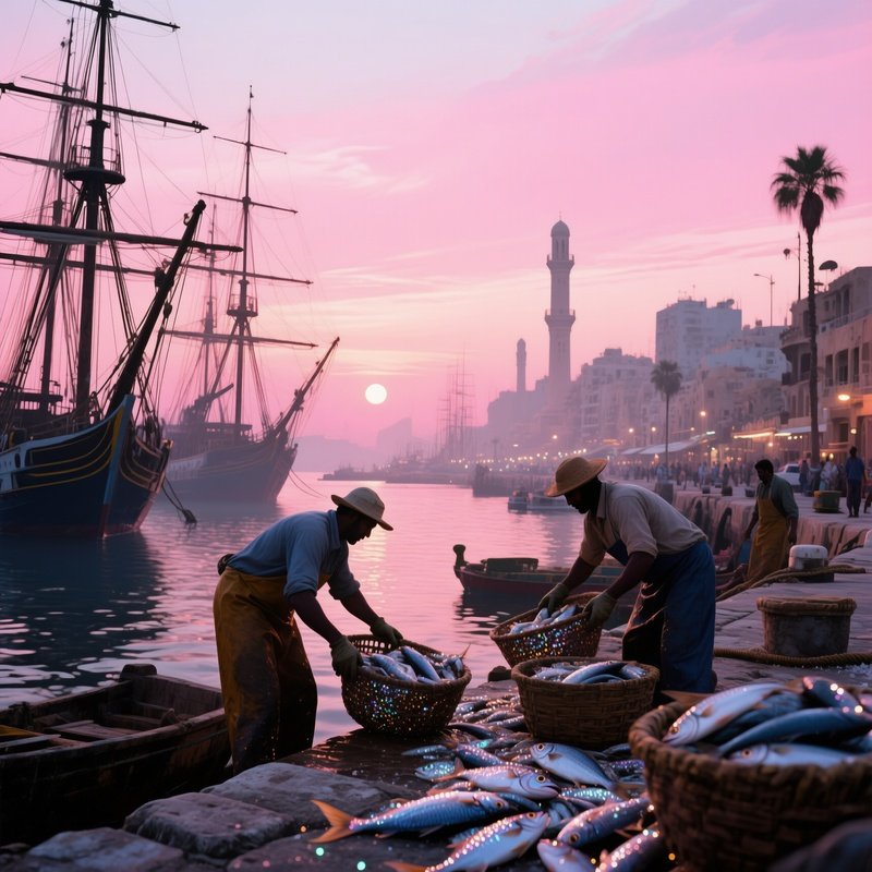 A Bustling Port City Of Alexandria At Dawn, Ships' Masts Silhouetted Against Pink Skies, Fishermen