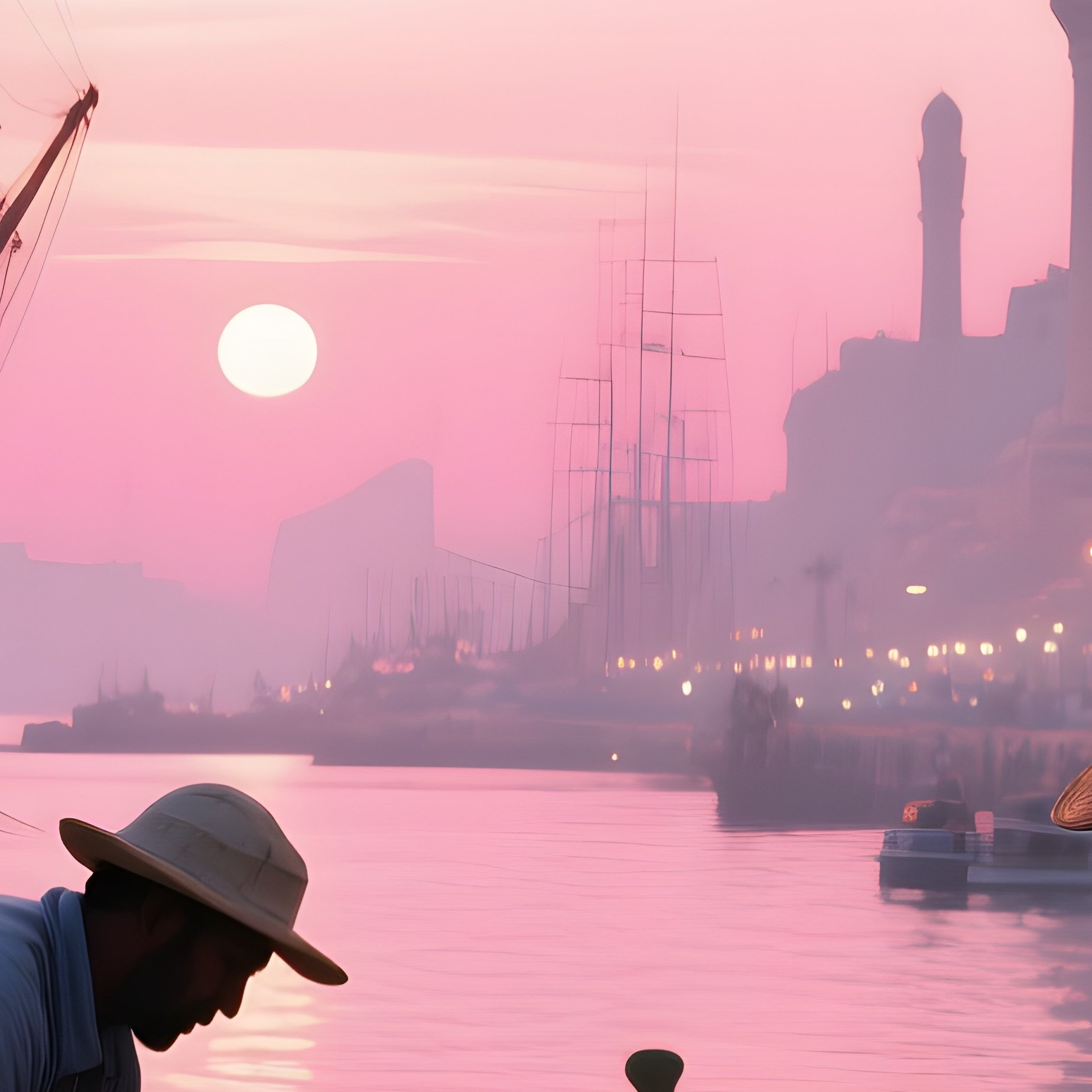 A Bustling Port City Of Alexandria At Dawn, Ships' Masts Silhouetted Against Pink Skies, Fishermen - Full Resolution Quality Preview