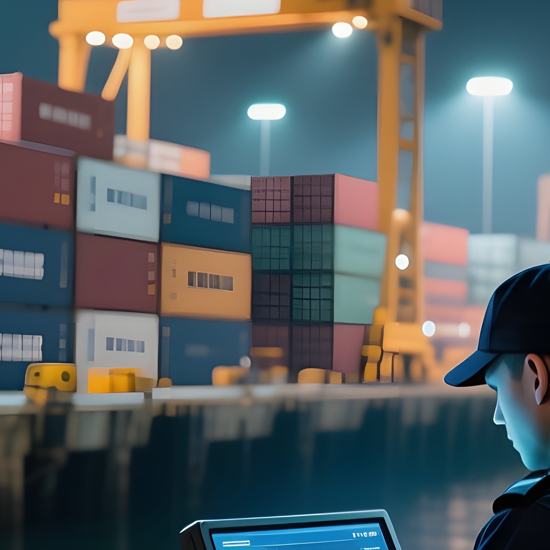 A Bustling Port Dock At Night, Cargo Containers Stacked High, Crane Lights Sweeping, A Security - Full Resolution Quality Preview