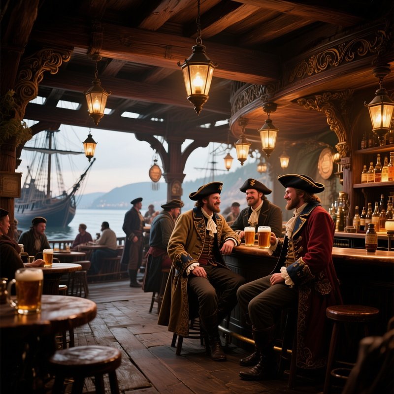 A Bustling Portside Tavern With Baroque Wooden Beams, Lanterns Swinging Overhead, And Sailors In
