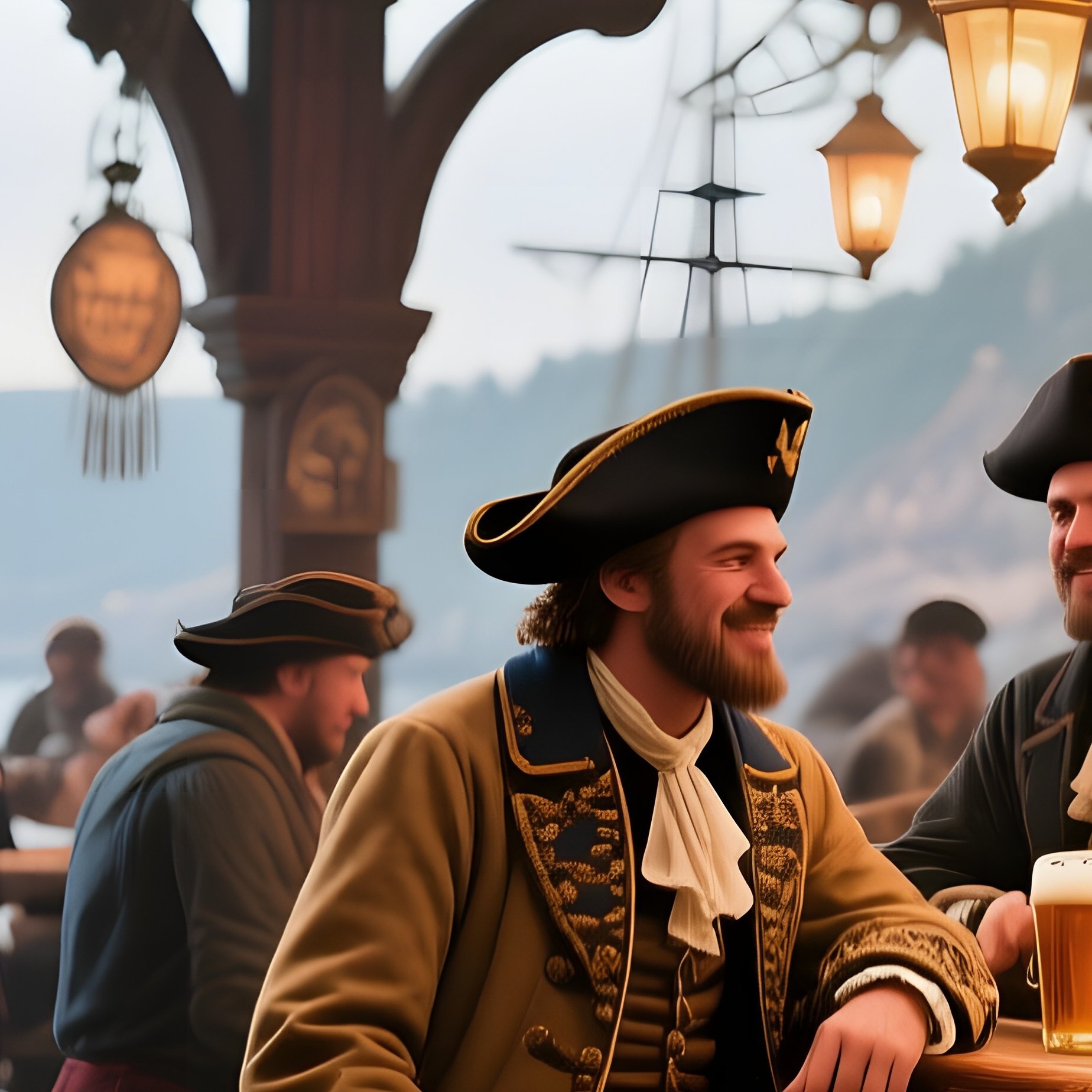 A Bustling Portside Tavern With Baroque Wooden Beams, Lanterns Swinging Overhead, And Sailors In - Full Resolution Quality Preview