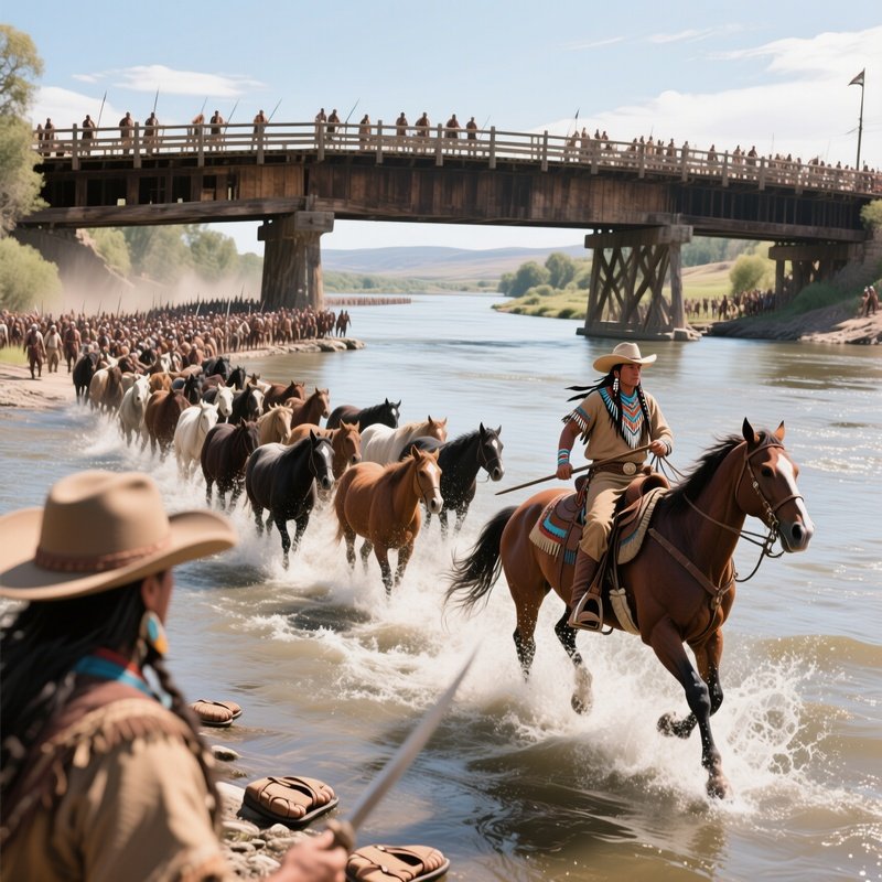 A Bustling River Crossing At Midday, Wooden Bridge Spanning A Wide River, A Cowboy Leads His Herd