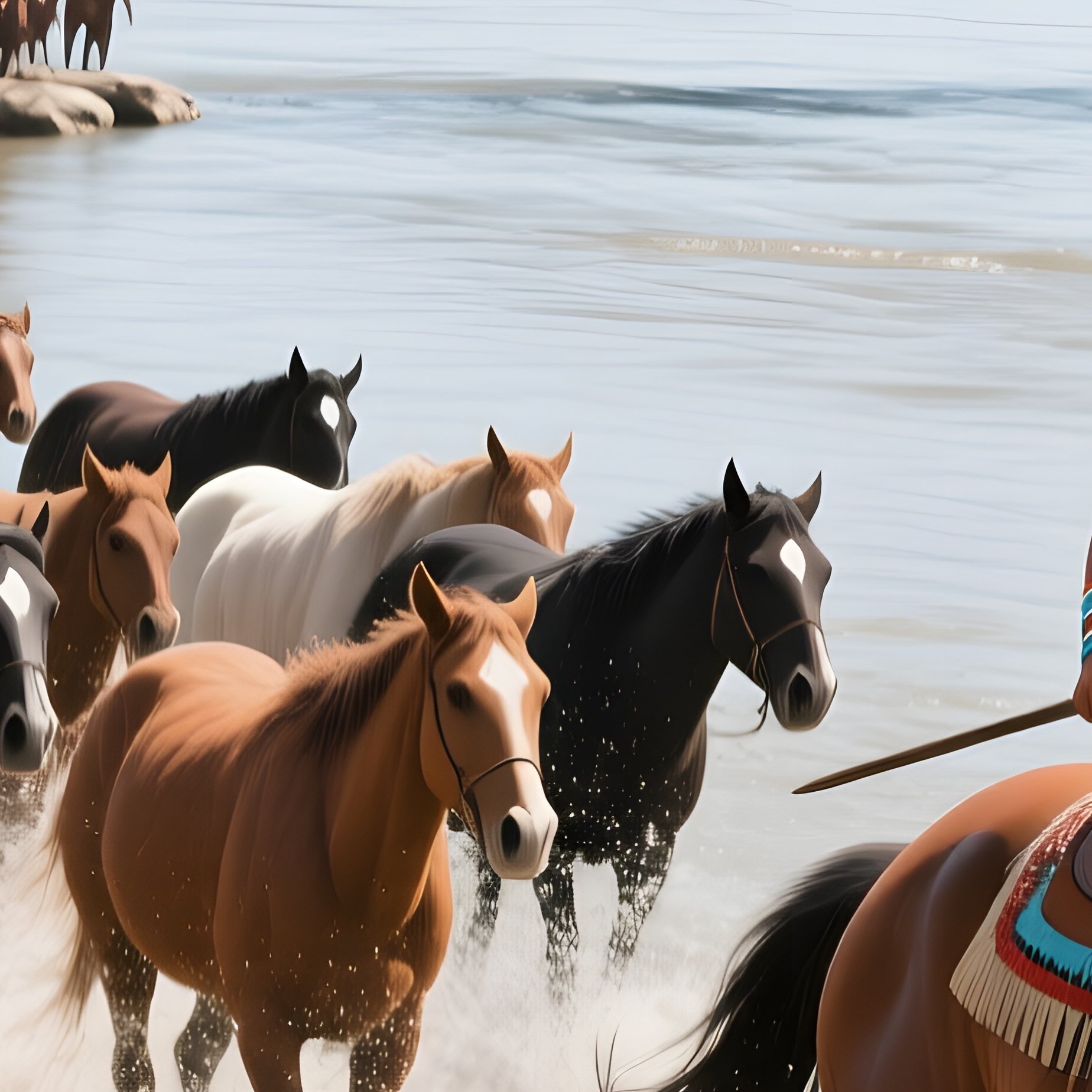 A Bustling River Crossing At Midday, Wooden Bridge Spanning A Wide River, A Cowboy Leads His Herd - Full Resolution Quality Preview