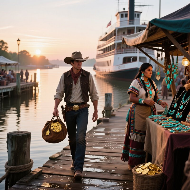 A Bustling Riverboat Dock At Sunrise, Wooden Piers Glistening With Dew, A Cowboy Disembarks