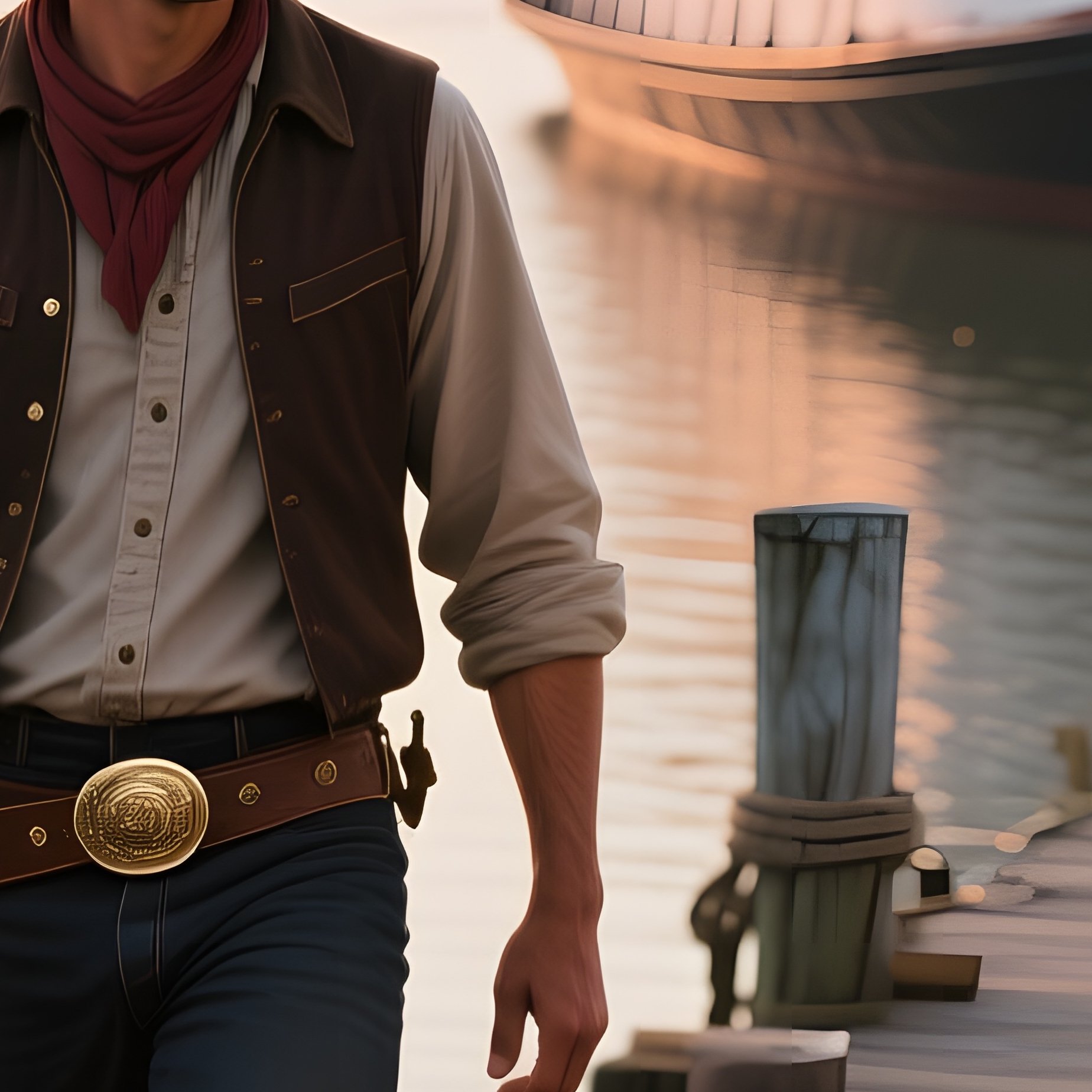 A Bustling Riverboat Dock At Sunrise, Wooden Piers Glistening With Dew, A Cowboy Disembarks - Full Resolution Quality Preview
