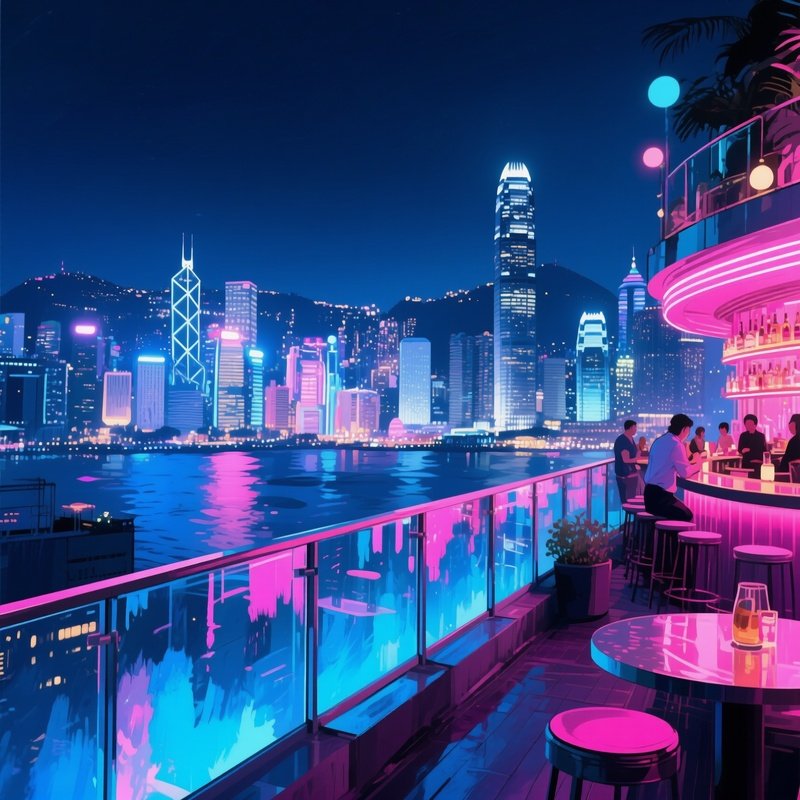 A Bustling Rooftop Bar In Hong Kong At Night, City Skyline Glittering, Watercolor Neon Reflections