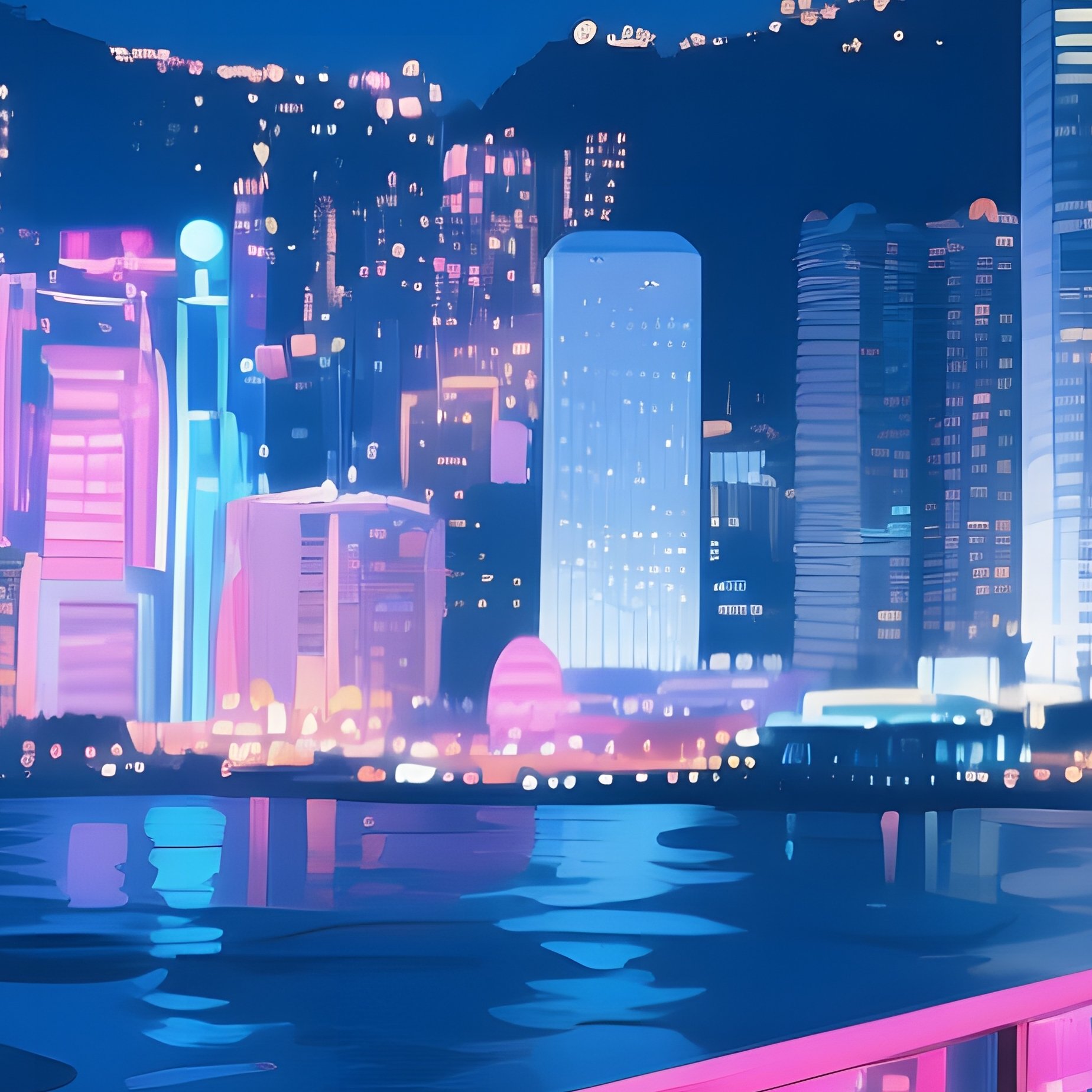 A Bustling Rooftop Bar In Hong Kong At Night, City Skyline Glittering, Watercolor Neon Reflections - Full Resolution Quality Preview