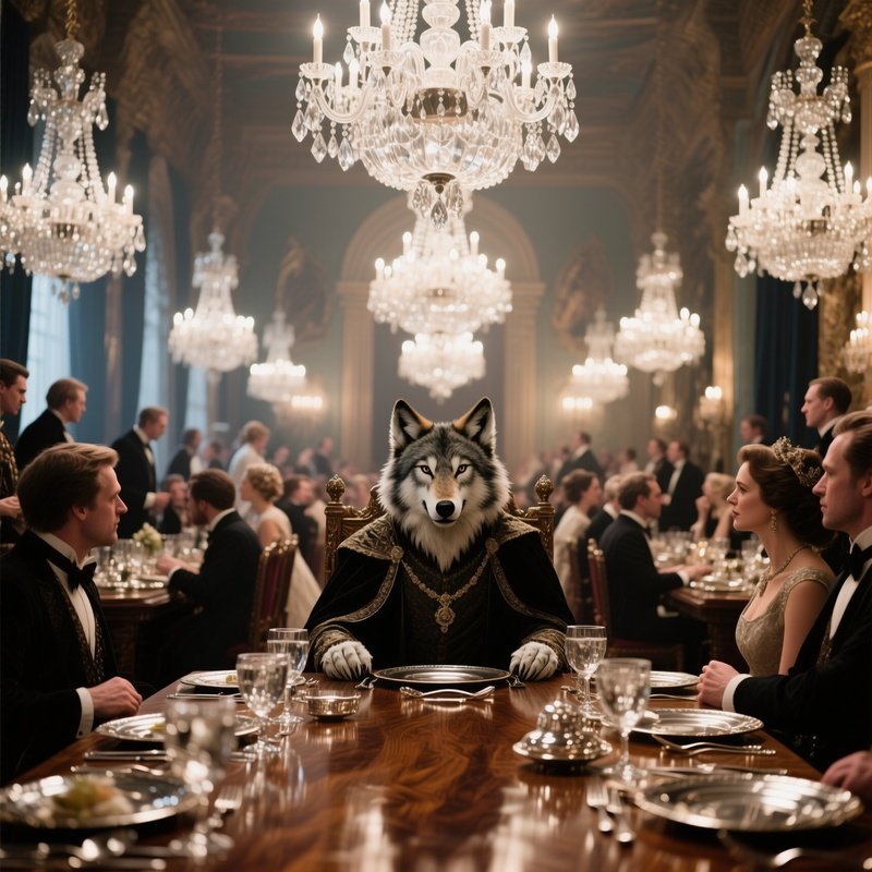 A Bustling Royal Banquet Hall Lit By Massive Crystal Chandeliers, The Wolf In Disguise Sits At The