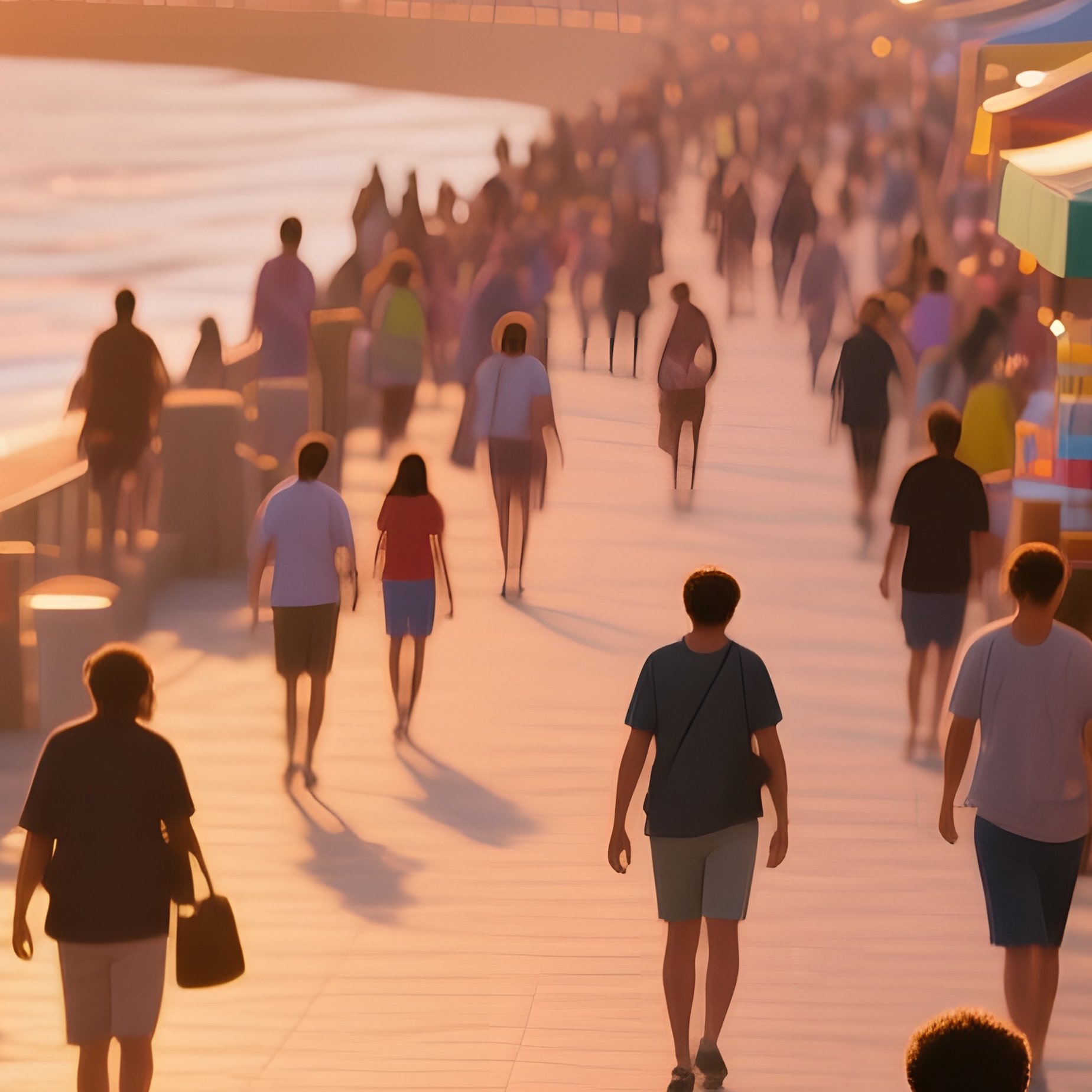 A Bustling Seaside Promenade At Sunset, Families Strolling Past Colorful Stalls Selling Ice Cream - Full Resolution Quality Preview