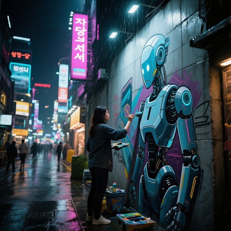 A Bustling Seoul Street At Night, Neon Billboards Flickering As A Muralist Applies A Hyperrealistic