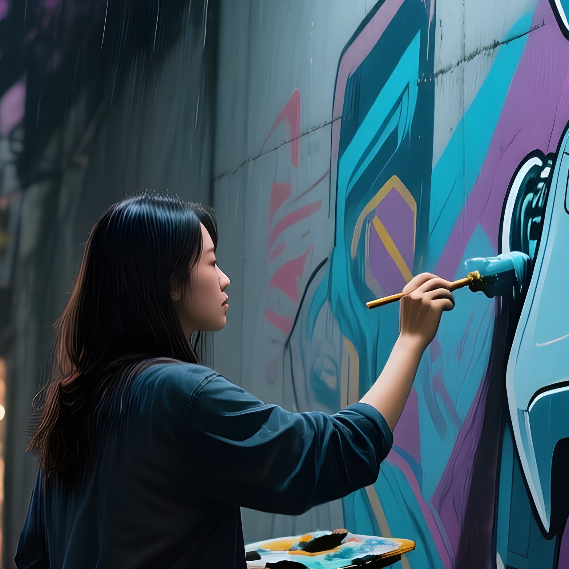 A Bustling Seoul Street At Night, Neon Billboards Flickering As A Muralist Applies A Hyperrealistic - Full Resolution Quality Preview