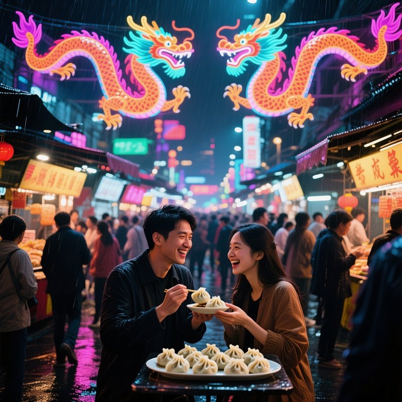 A Bustling Shanghai Night Market, Neon Dragons Overhead, A Couple Shares Dumplings And Laughter