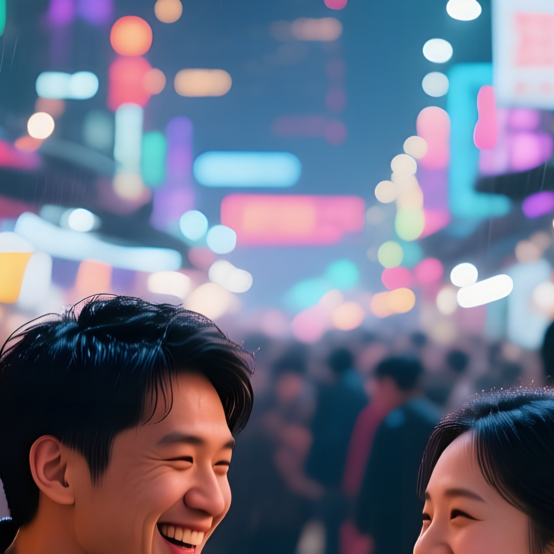A Bustling Shanghai Night Market, Neon Dragons Overhead, A Couple Shares Dumplings And Laughter - Full Resolution Quality Preview