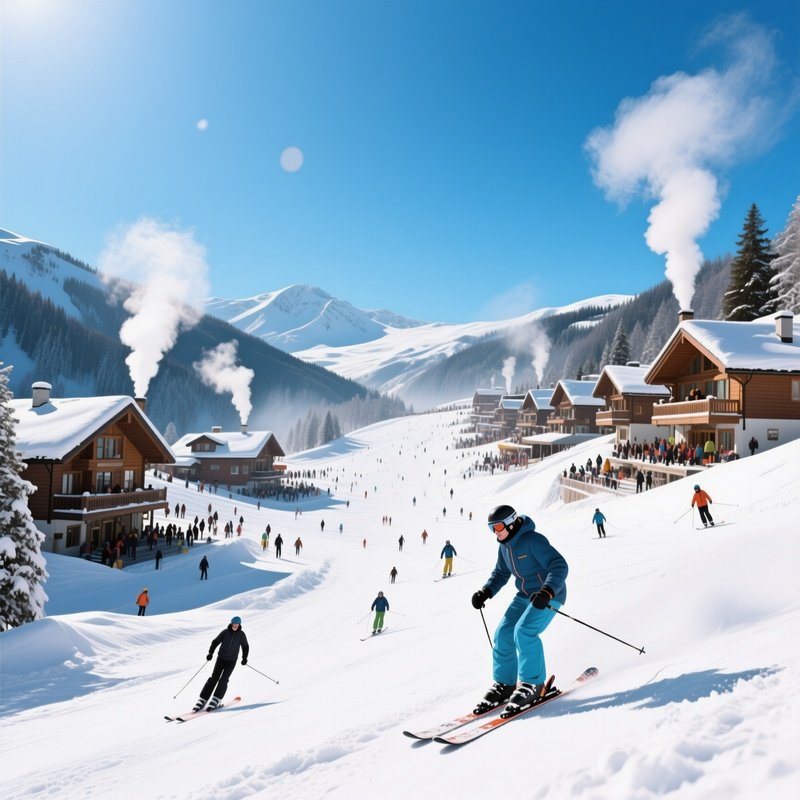 A Bustling Ski Resort At Midday In Deep Winter, Bright Blue Sky, Skiers Gliding Down Powdery
