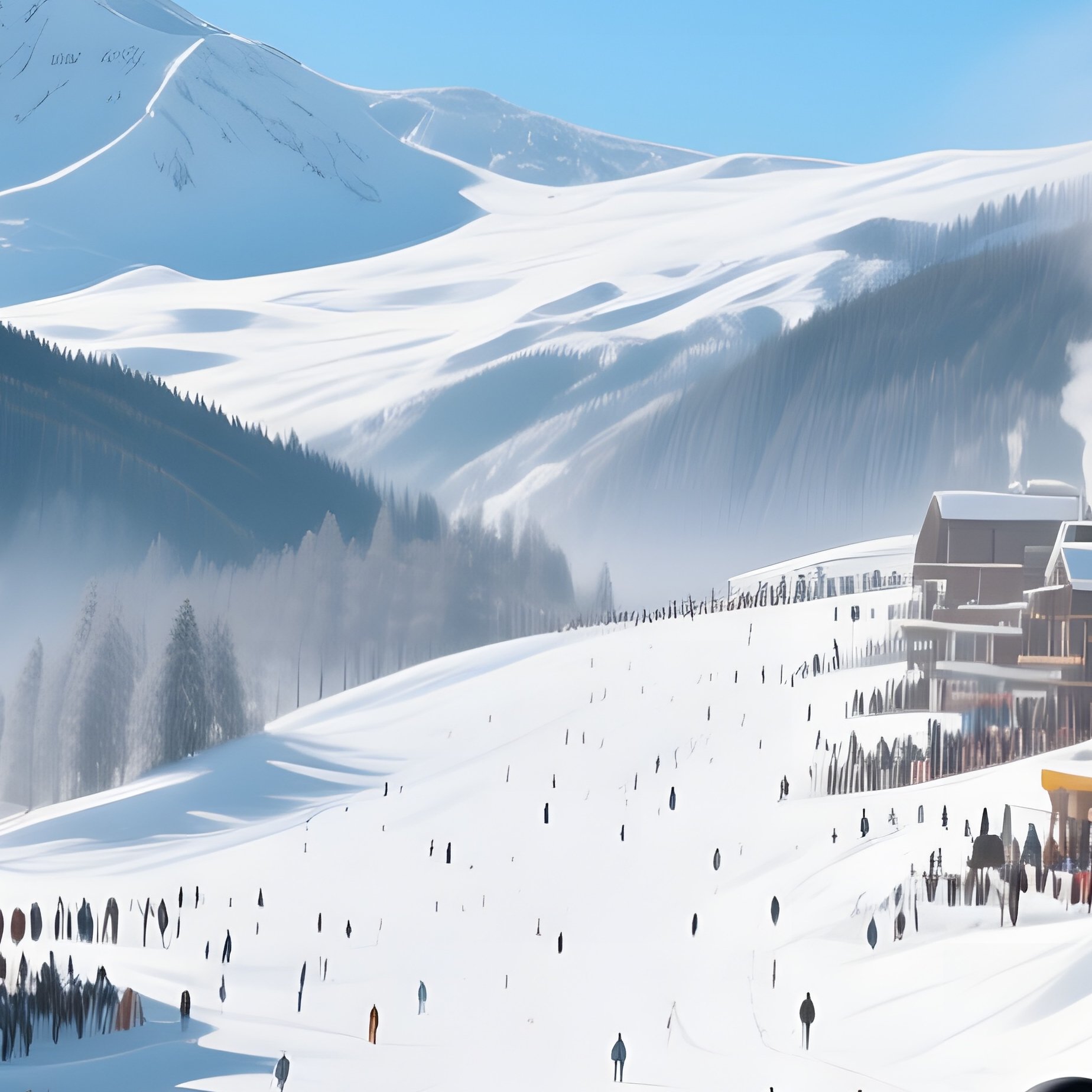 A Bustling Ski Resort At Midday In Deep Winter, Bright Blue Sky, Skiers Gliding Down Powdery - Full Resolution Quality Preview