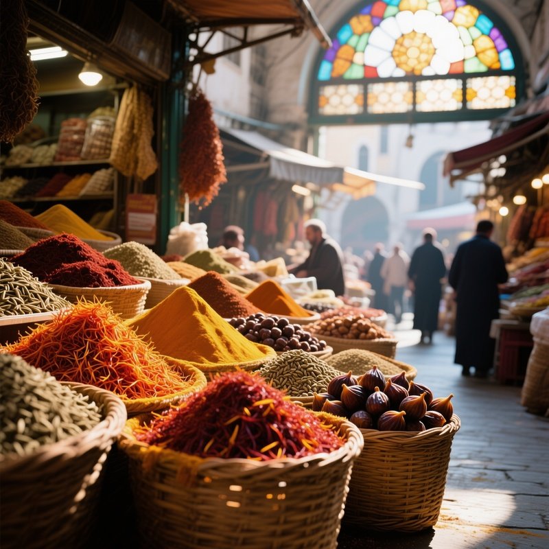 A Bustling Spice Market In Istanbul At Midday, Piles Of Vibrant Saffron, Cumin, And Dried Figs