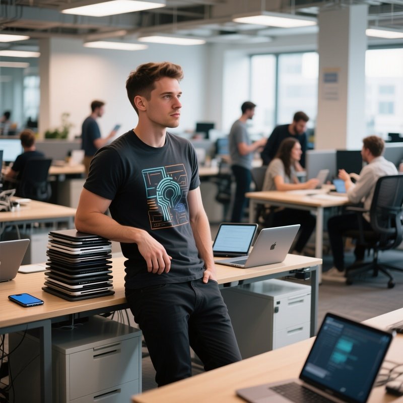 A Bustling Startup Hub With Open Workstations, A Toned Programmer In A Graphic Tee Leaning Against