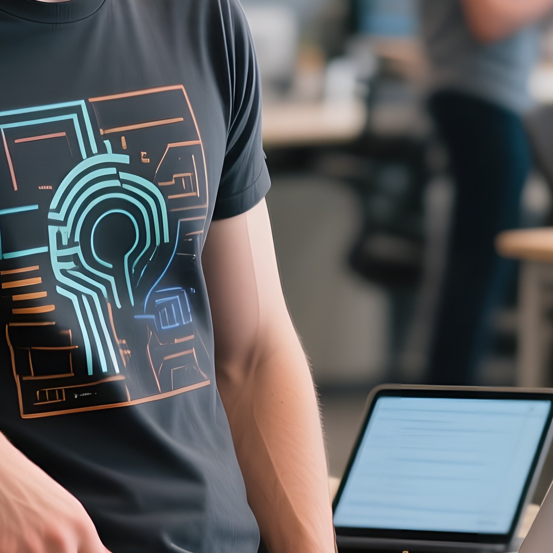 A Bustling Startup Hub With Open Workstations, A Toned Programmer In A Graphic Tee Leaning Against - Full Resolution Quality Preview