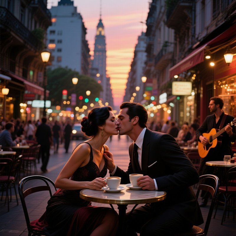 A Bustling Street Café In Buenos Aires At Sunset, Tango Music Playing, A Couple Shares A Passionate