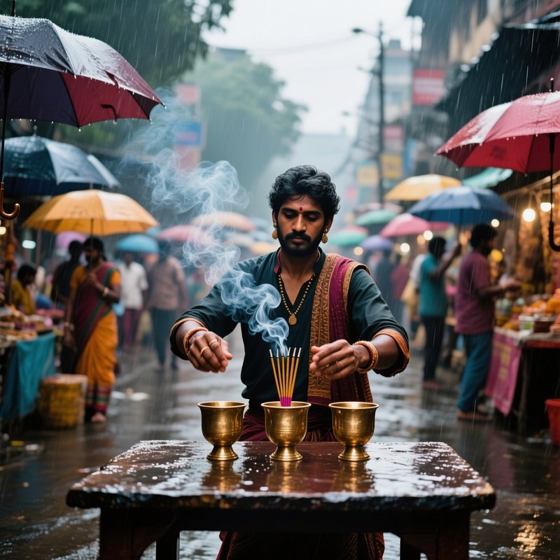 A Bustling Street Fair In Kolkata During Monsoon Season, Umbrellas Dotting The Scene As A Performer