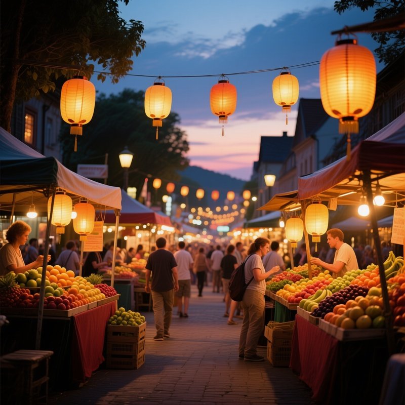 A Bustling Street Festival In Early Summer Evening, Lanterns Glowing, Stalls With Fresh Fruit, Warm