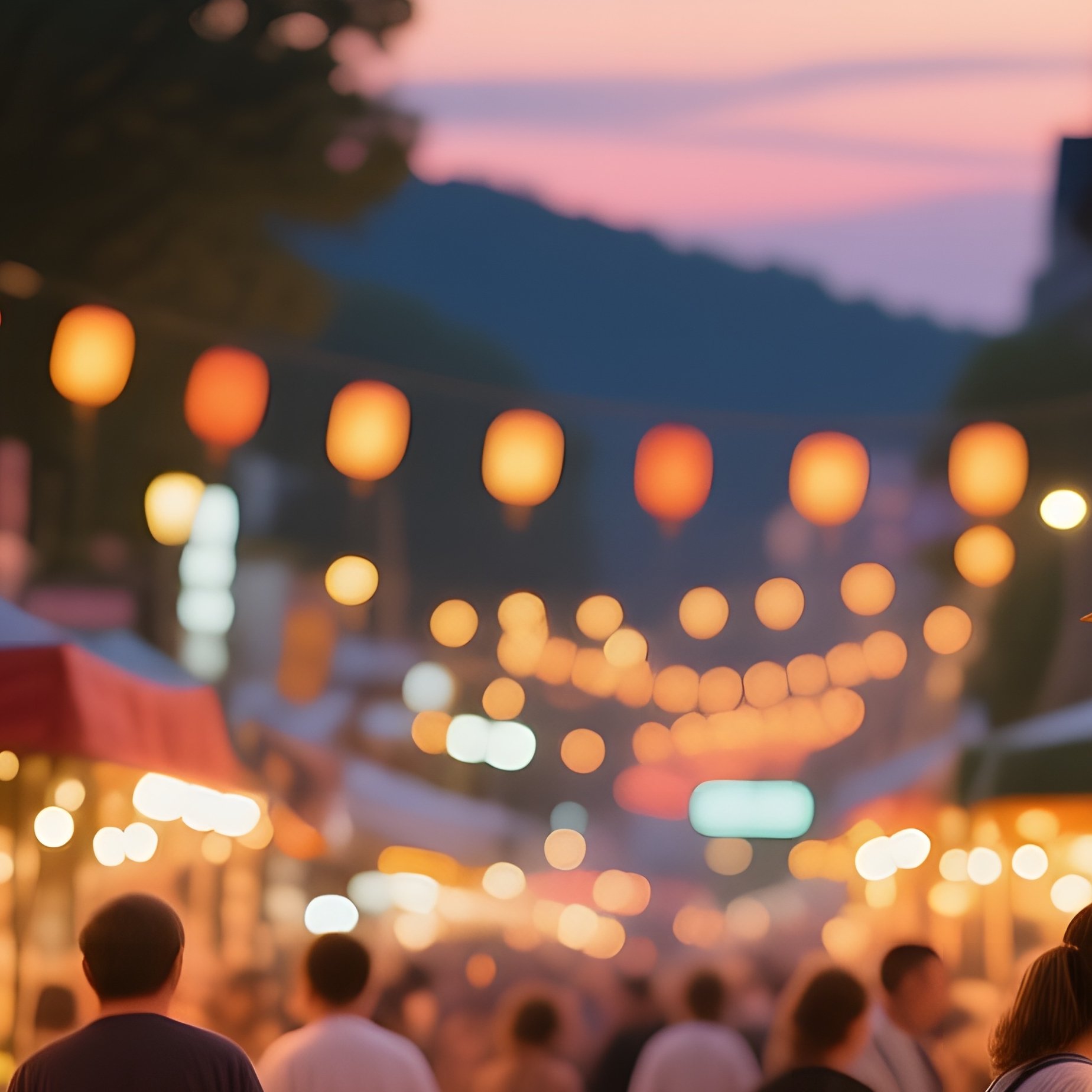 A Bustling Street Festival In Early Summer Evening, Lanterns Glowing, Stalls With Fresh Fruit, Warm - Full Resolution Quality Preview