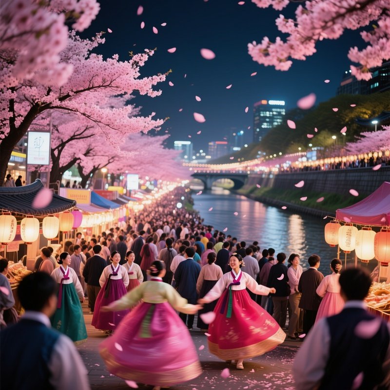 A Bustling Street Festival In Seoul During Cherry Blossom Season, Pink Petals Drifting Through