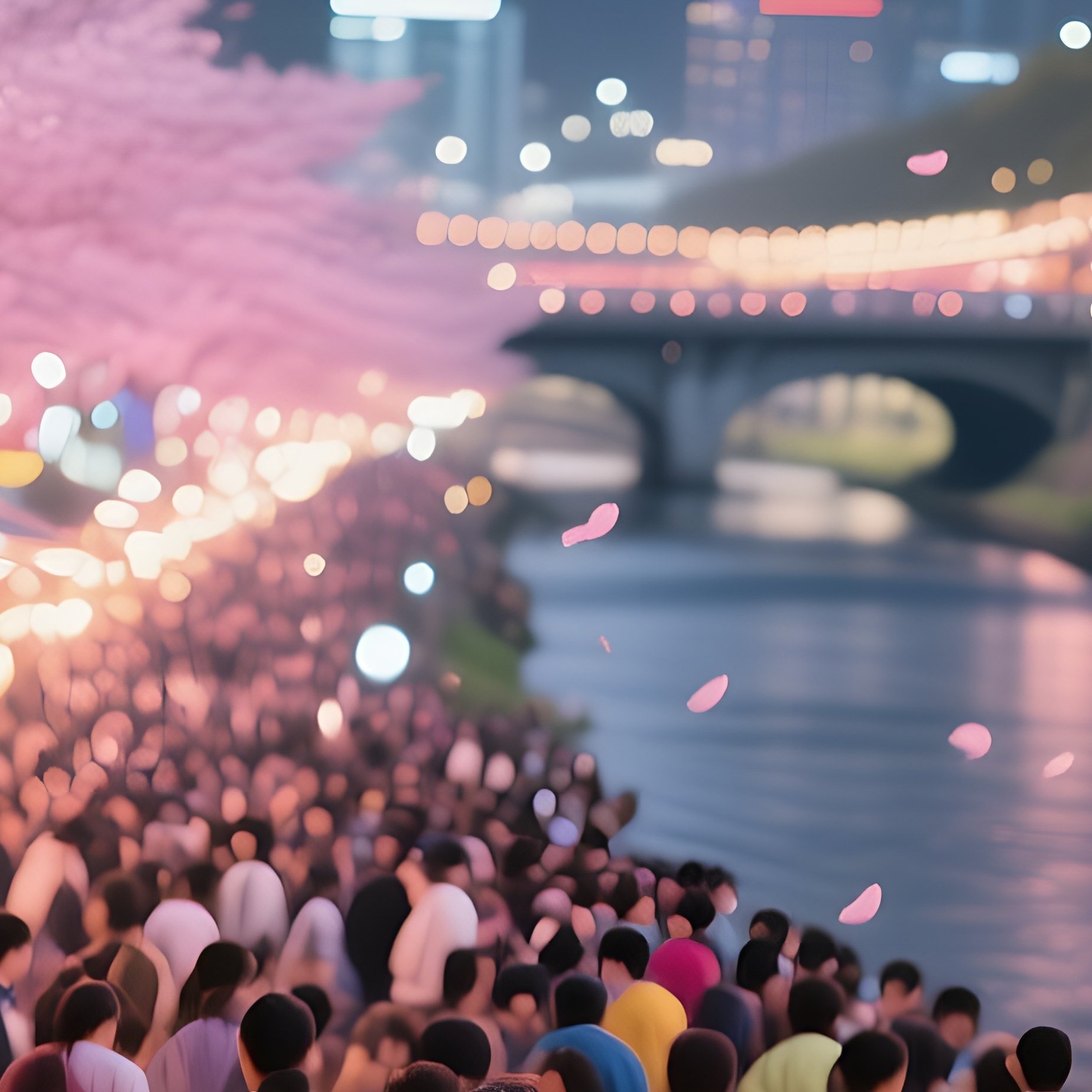 A Bustling Street Festival In Seoul During Cherry Blossom Season, Pink Petals Drifting Through - Full Resolution Quality Preview