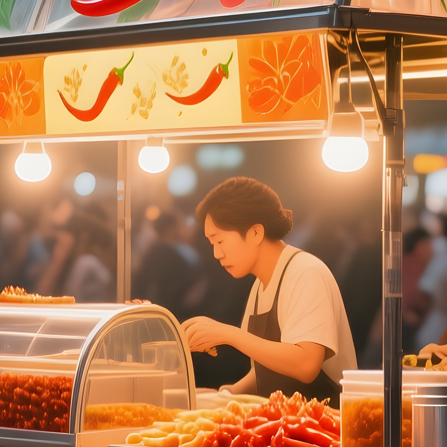 A Bustling Street Food Fair At Night, Vendor Carts Equipped With Glass Canopies Painted With Spicy - Full Resolution Quality Preview