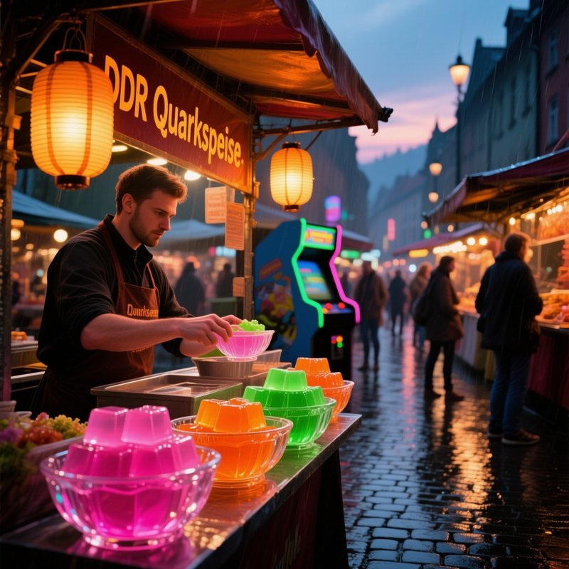 A Bustling Street Food Market At Dusk, Stalls Awash In Warm Amber Lanterns, Where A Vendor Serves