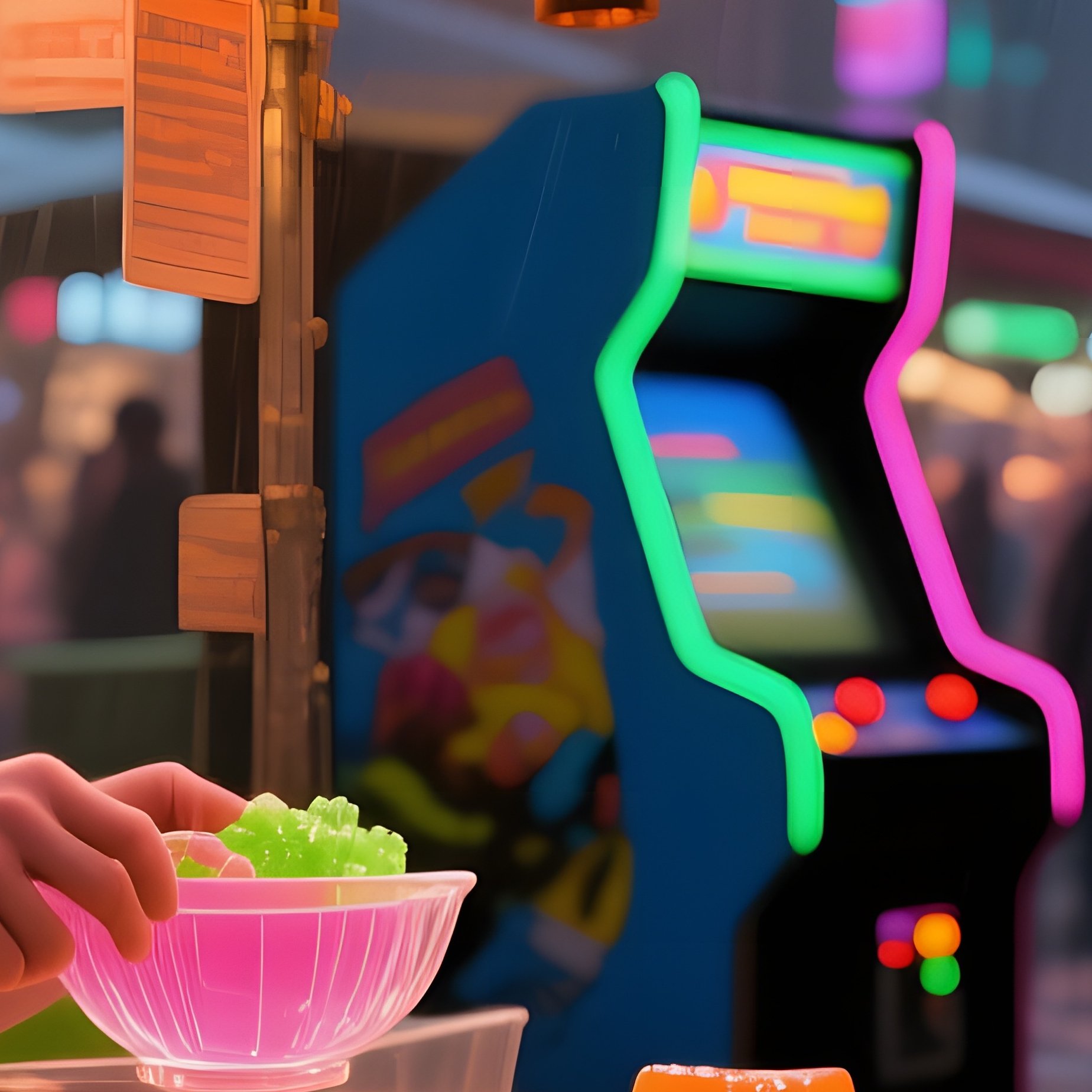 A Bustling Street Food Market At Dusk, Stalls Awash In Warm Amber Lanterns, Where A Vendor Serves - Full Resolution Quality Preview