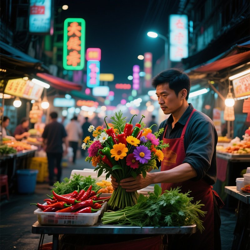 A Bustling Street Food Market At Night, Illuminated By Neon Signs, Where A Vendor’S Stall Showcases