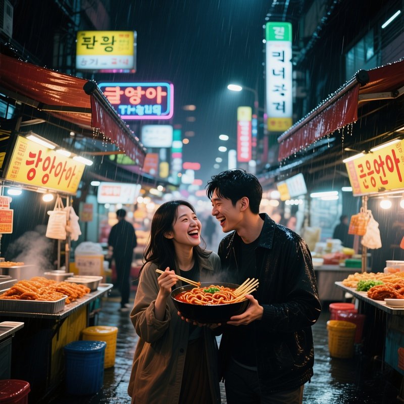 A Bustling Street Food Market In Seoul At Night, Neon Signs Flickering, A Couple Shares Tteokbokki