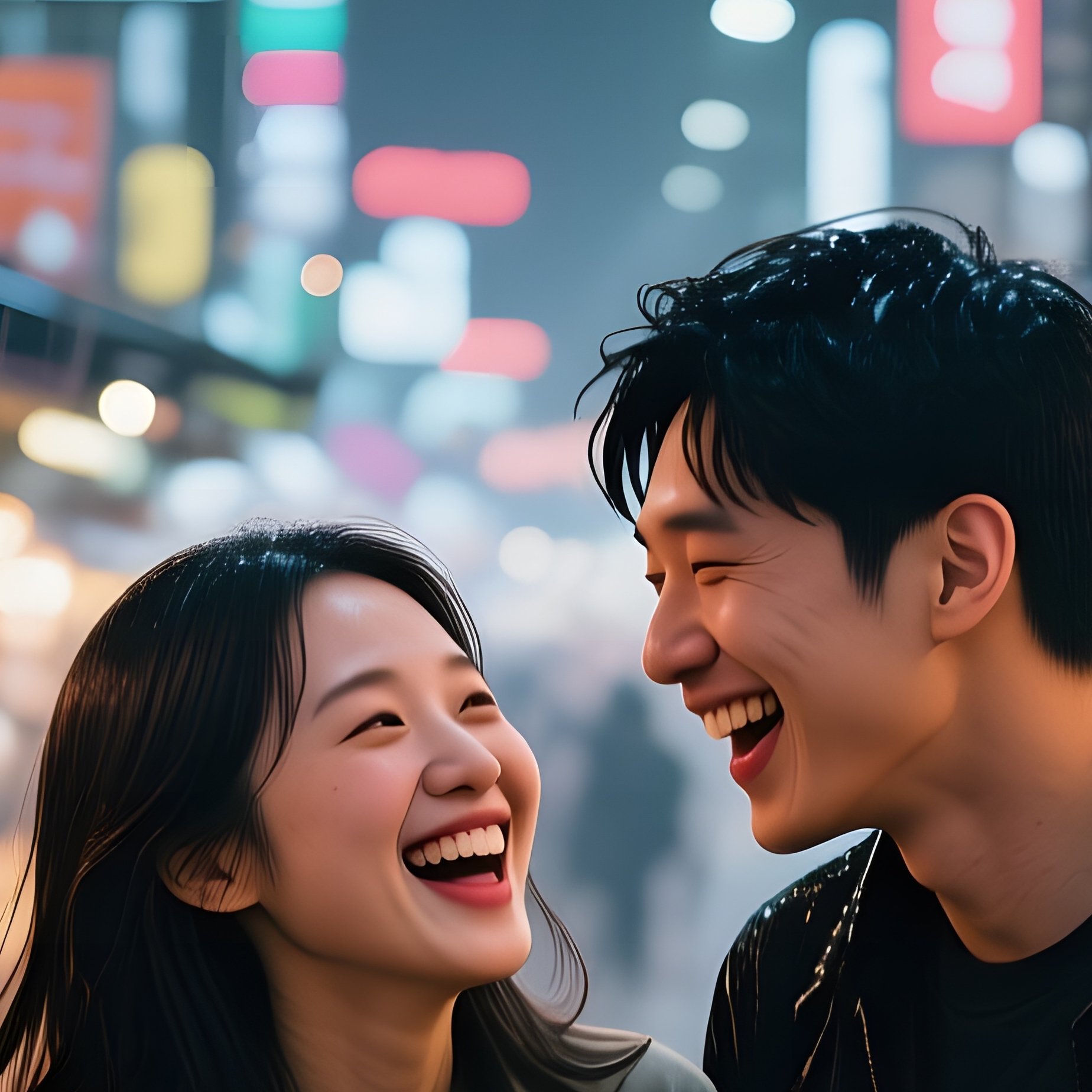 A Bustling Street Food Market In Seoul At Night, Neon Signs Flickering, A Couple Shares Tteokbokki - Full Resolution Quality Preview