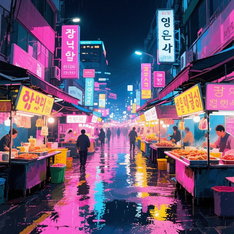A Bustling Street Food Night Market In Seoul, Neon Signs Reflecting On Wet Pavement, Watercolor