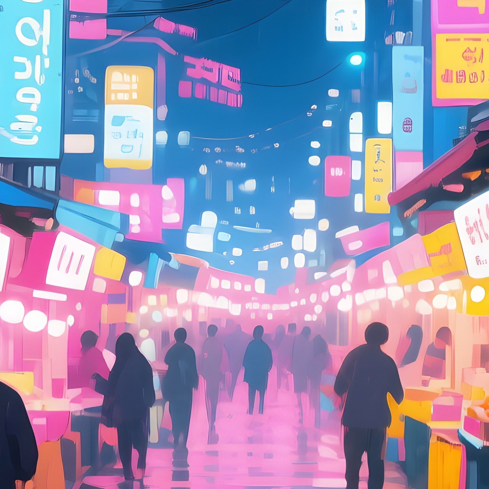 A Bustling Street Food Night Market In Seoul, Neon Signs Reflecting On Wet Pavement, Watercolor - Full Resolution Quality Preview