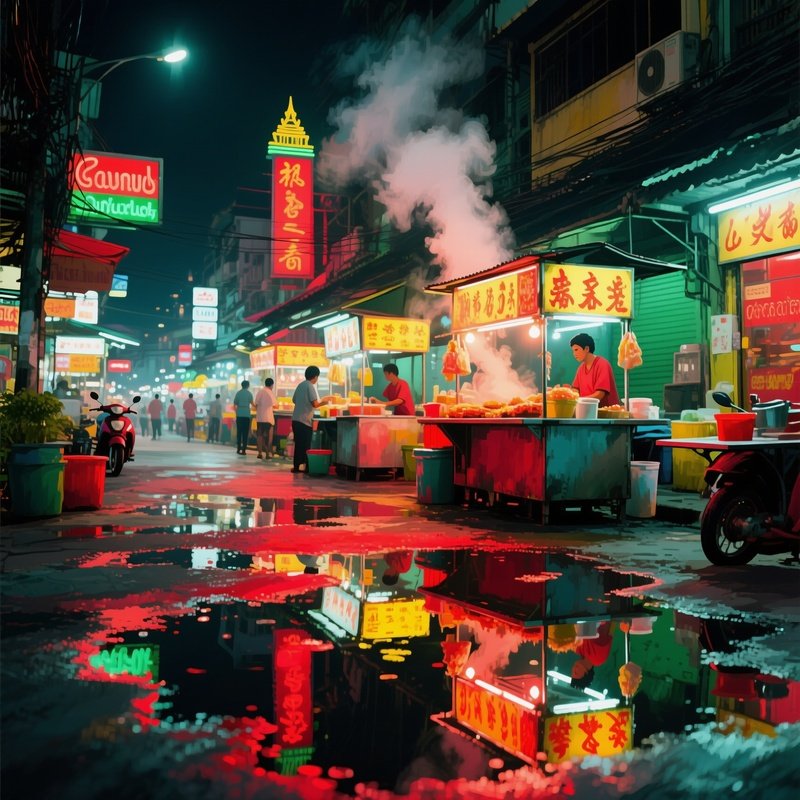 A Bustling Street Food Stall In Bangkok At Night, Steam Rising, Neon Signs Reflected In Puddles,