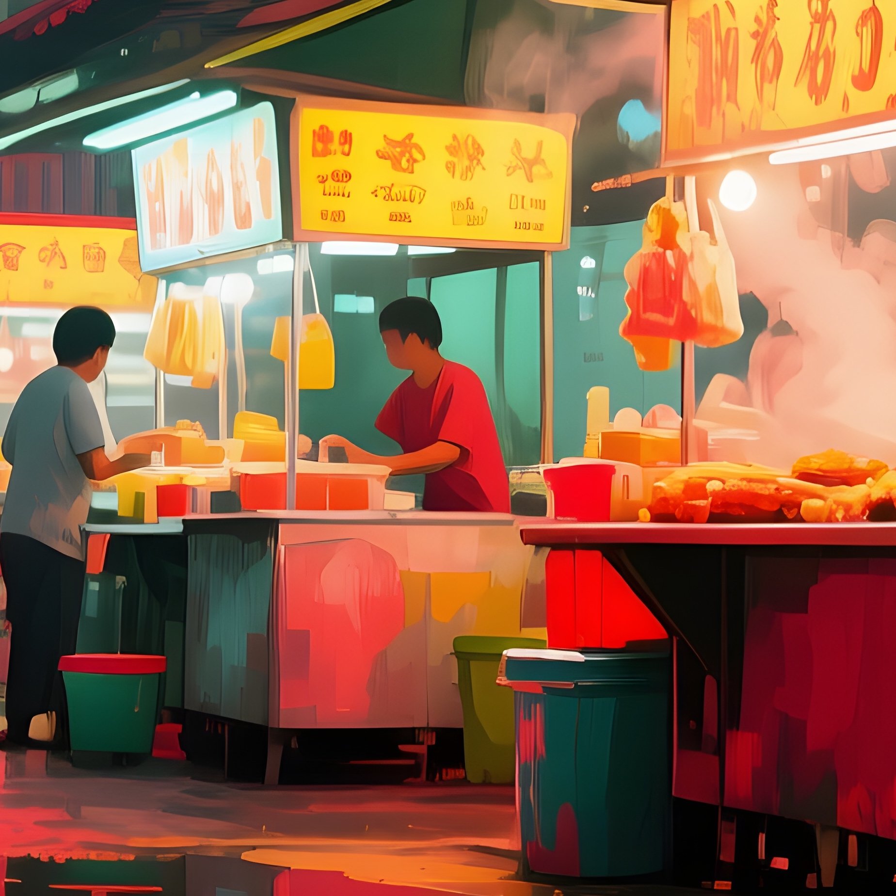 A Bustling Street Food Stall In Bangkok At Night, Steam Rising, Neon Signs Reflected In Puddles, - Full Resolution Quality Preview