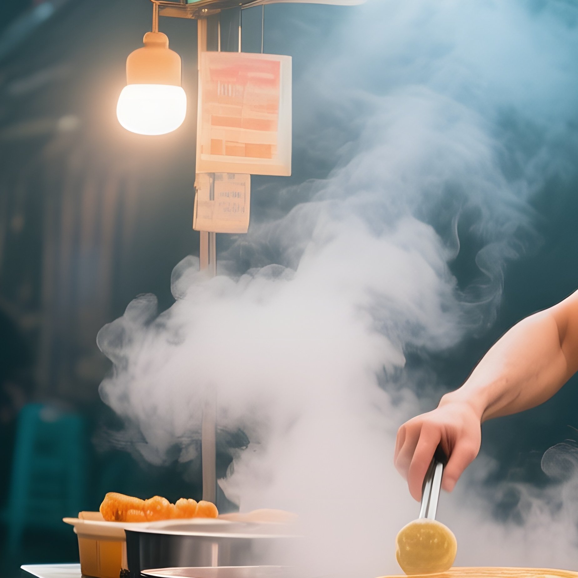 A Bustling Street Food Stall In Seoul At Night, A Naked Chef Flipping Pancakes, Neon Signs - Full Resolution Quality Preview