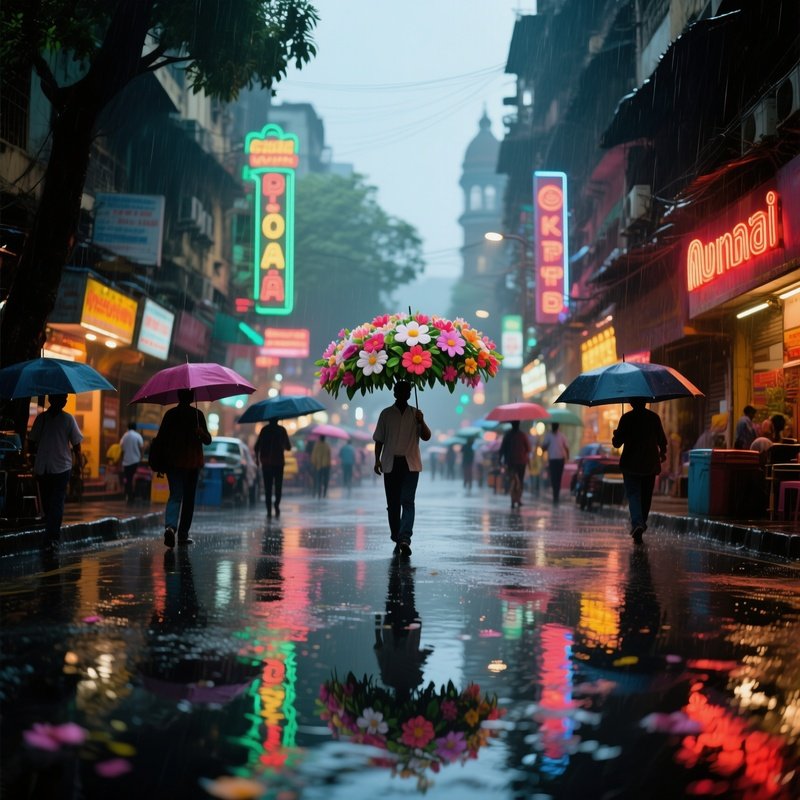 A Bustling Street In Mumbai During Monsoon, Umbrellas Blooming Like Flowers, Reflections Of Neon