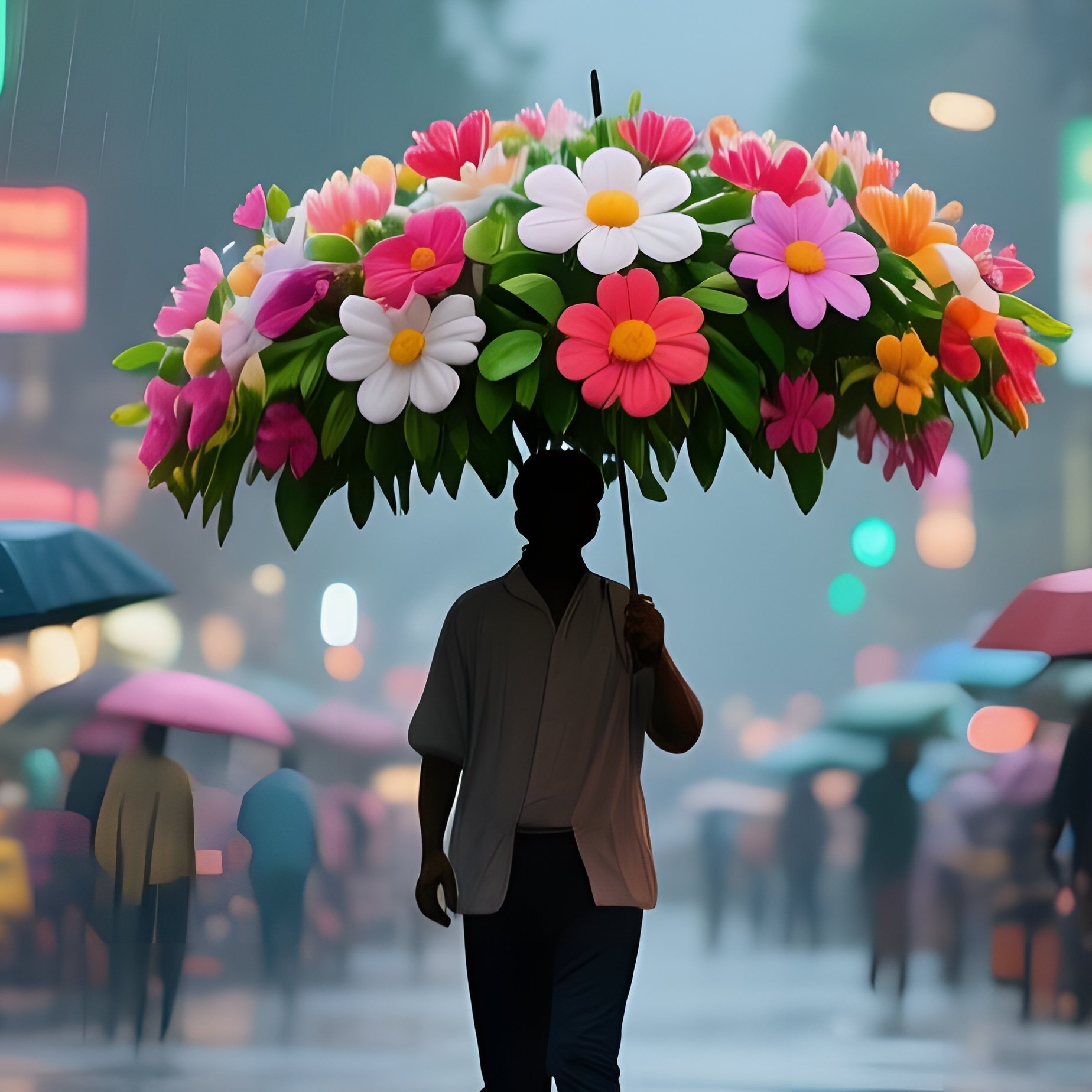 A Bustling Street In Mumbai During Monsoon, Umbrellas Blooming Like Flowers, Reflections Of Neon - Full Resolution Quality Preview