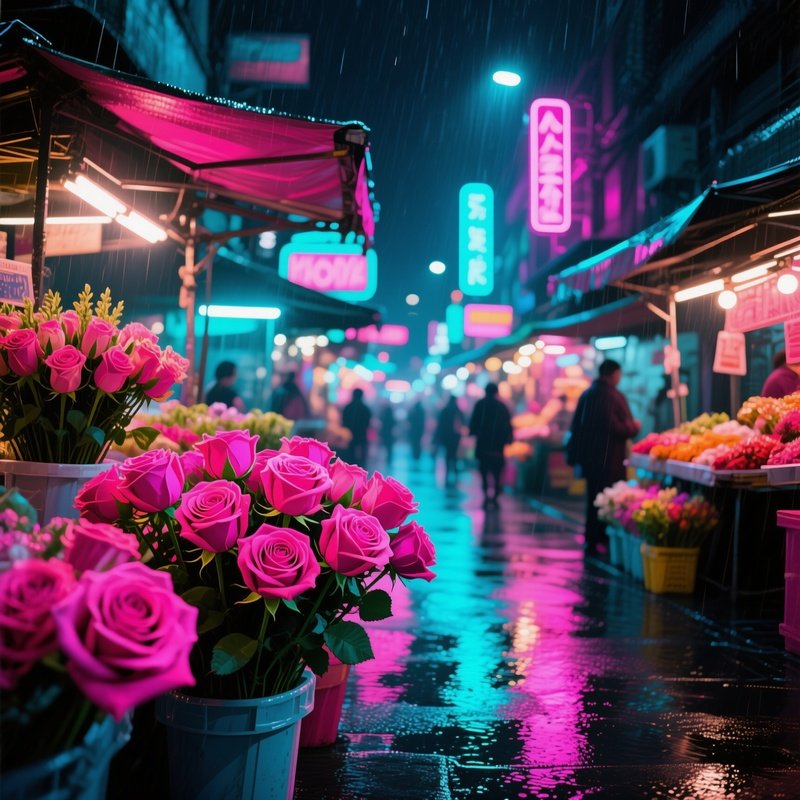 A Bustling Street Market At Night Illuminated By Neon Signs, Stalls Display Bouquets Of Pop‑Art