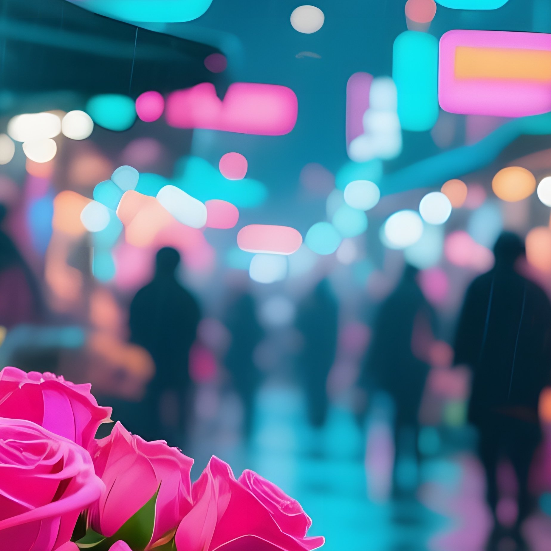 A Bustling Street Market At Night Illuminated By Neon Signs, Stalls Display Bouquets Of Pop‑Art - Full Resolution Quality Preview