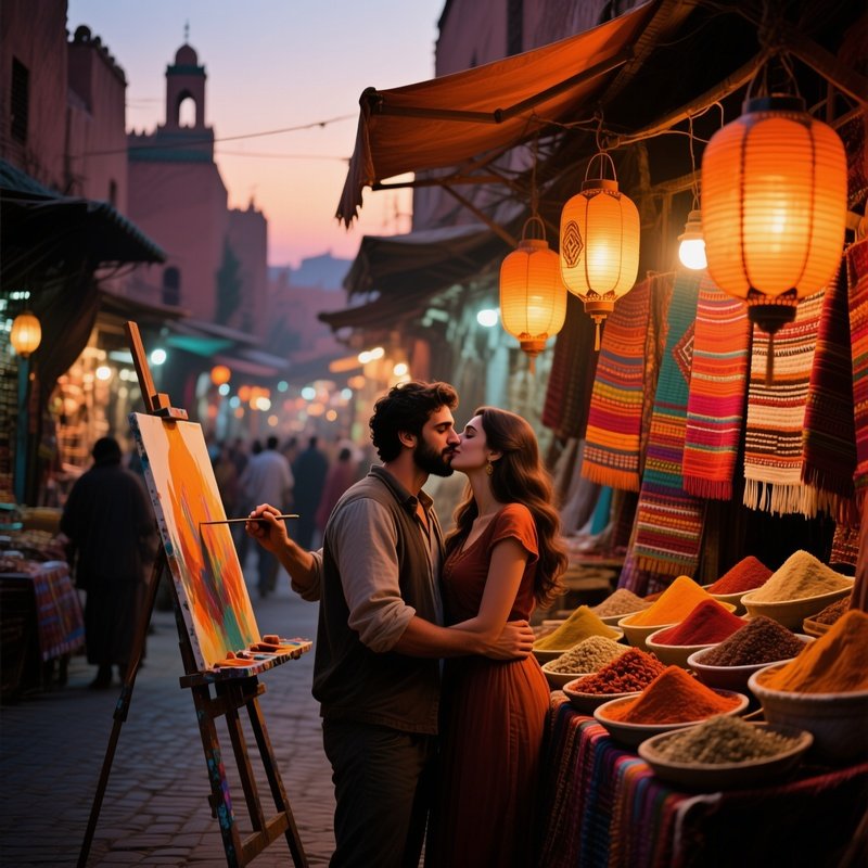 A Bustling Street Market In Marrakech At Dusk, A Painter Captures The Moment He Kisses His Lover