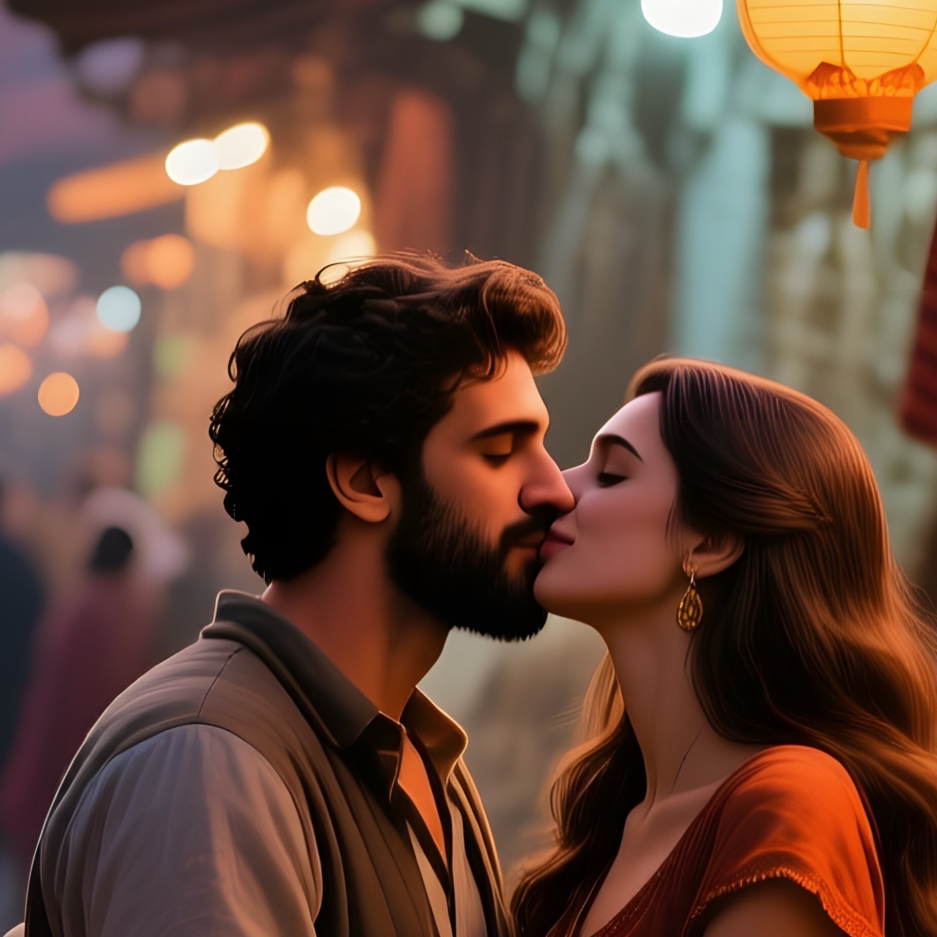 A Bustling Street Market In Marrakech At Dusk, A Painter Captures The Moment He Kisses His Lover - Full Resolution Quality Preview
