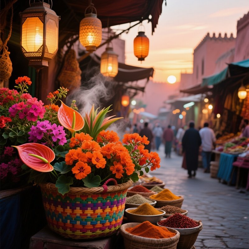 A Bustling Street Market In Marrakech At Sunset, Lanterns Glowing, A Colorful Woven Basket