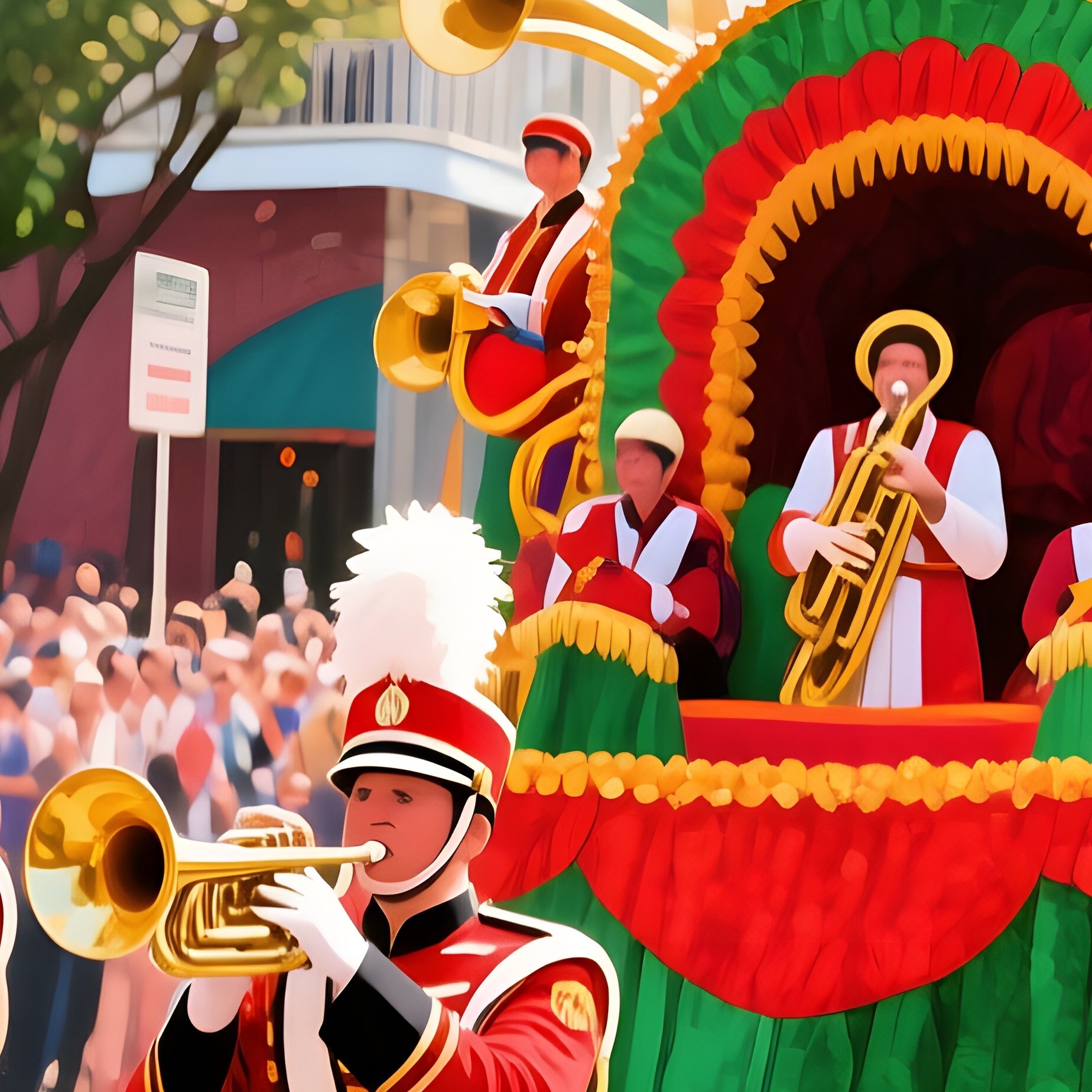 A Bustling Street Parade In New Orleans With Marching Bands, Colorful Floats, Watercolor Lively - Full Resolution Quality Preview