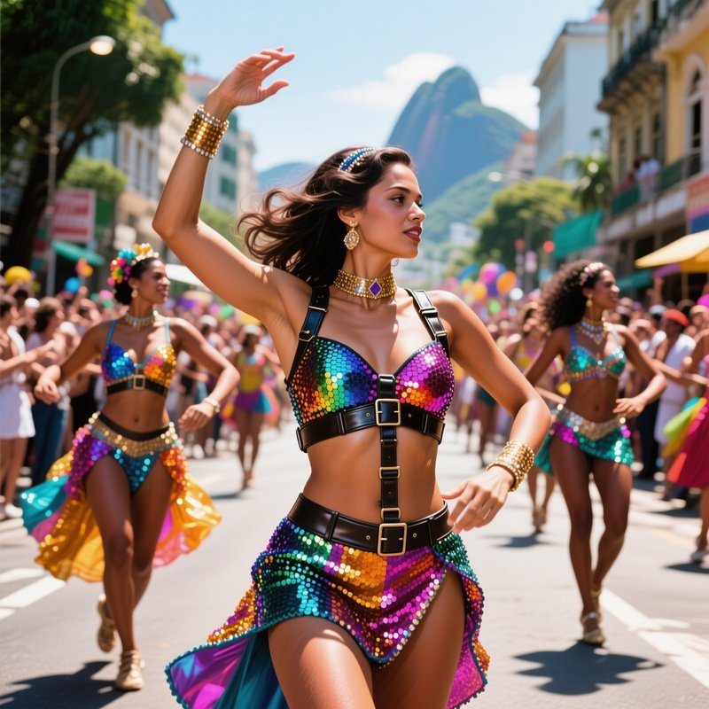 A Bustling Street Parade In Rio, Dancers Wearing Sequined Silk Costumes With Leather Harnesses,