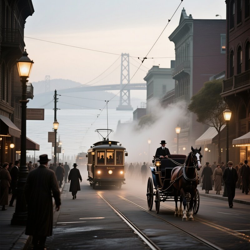 A Bustling Streetcar Line In Early 20Th Century San Francisco, Horse‑Drawn Carriages Sharing Road